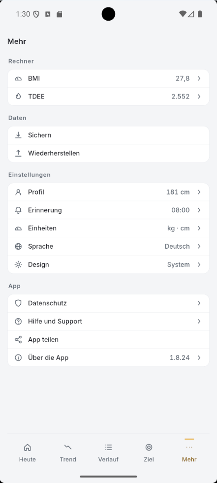 Mehr-Bildschirm mit Rechnern, Backup und Einstellungen