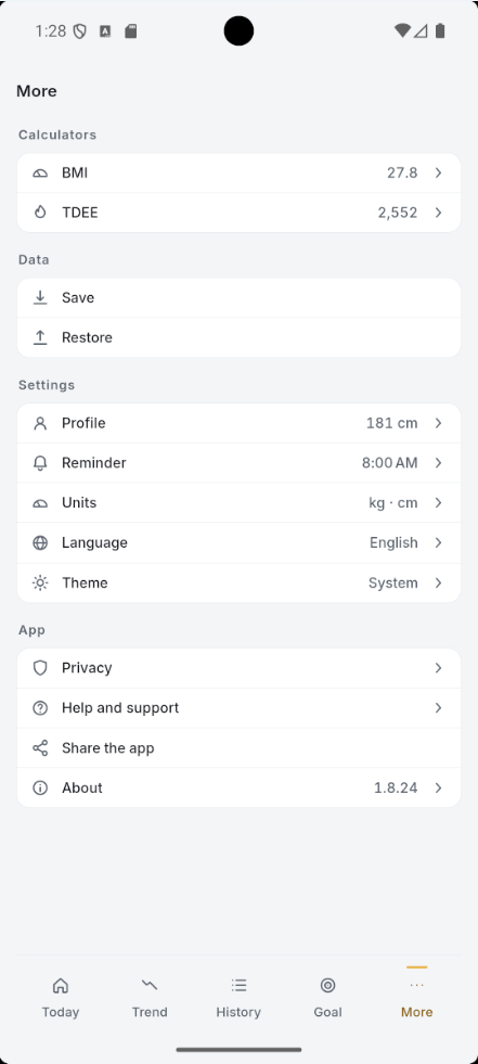More screen with the calculators, backup and settings