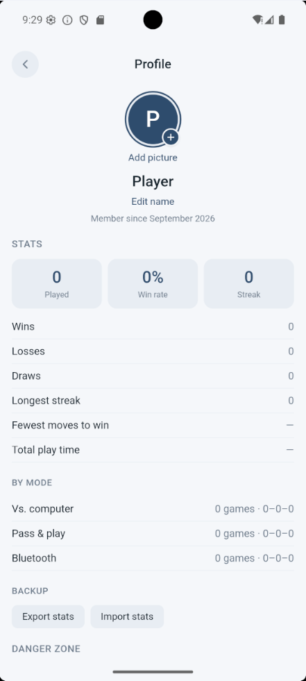 Player profile and stats