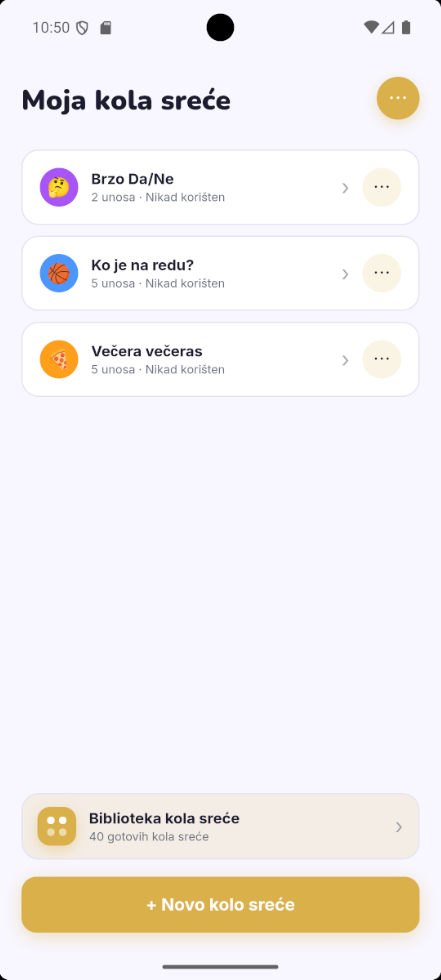 Početni ekran sa biblotekom kola
